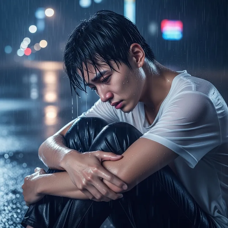 Sad BTS Jeon Jungkook Alone in Rain at Night