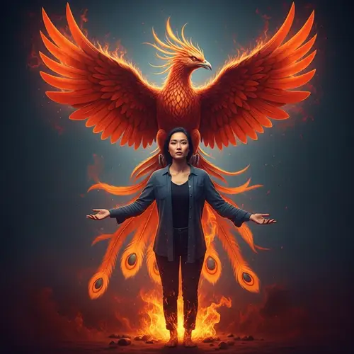 Asian Woman Transforms into Majestic Phoenix - Rebirth & Resilience
