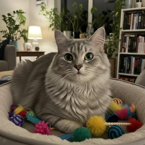 Silvery Blue Fluffy Cat Basking in Evening Light