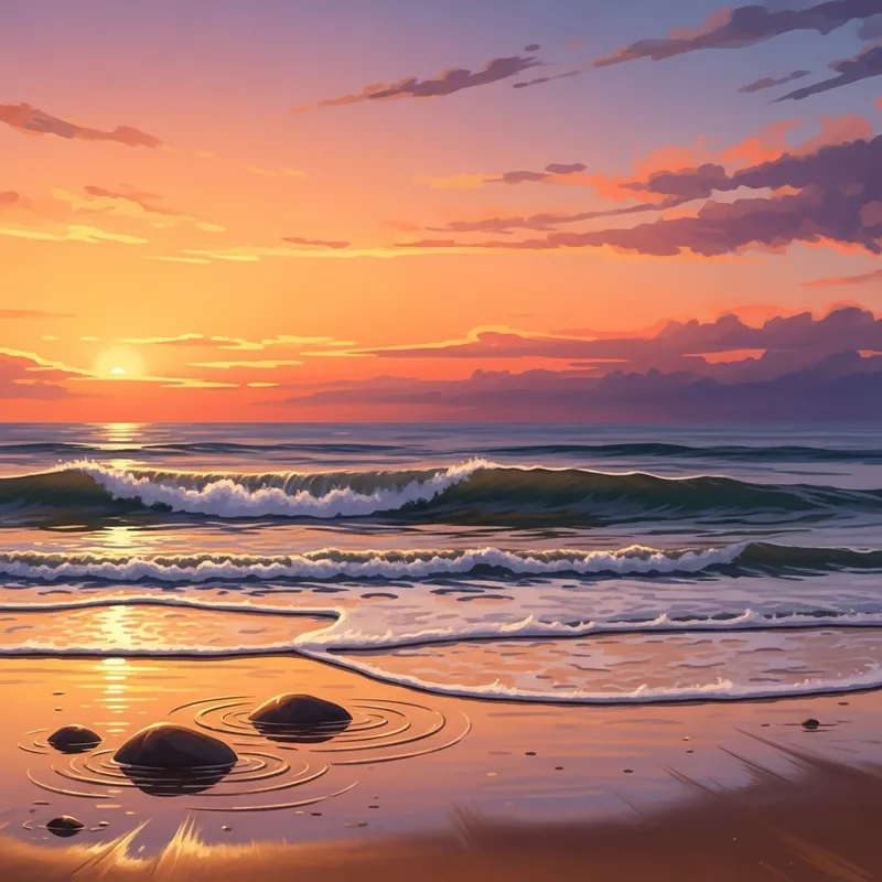 Tranquil Beach Scene at Sunset - Vibrant Orange and Pink Hues