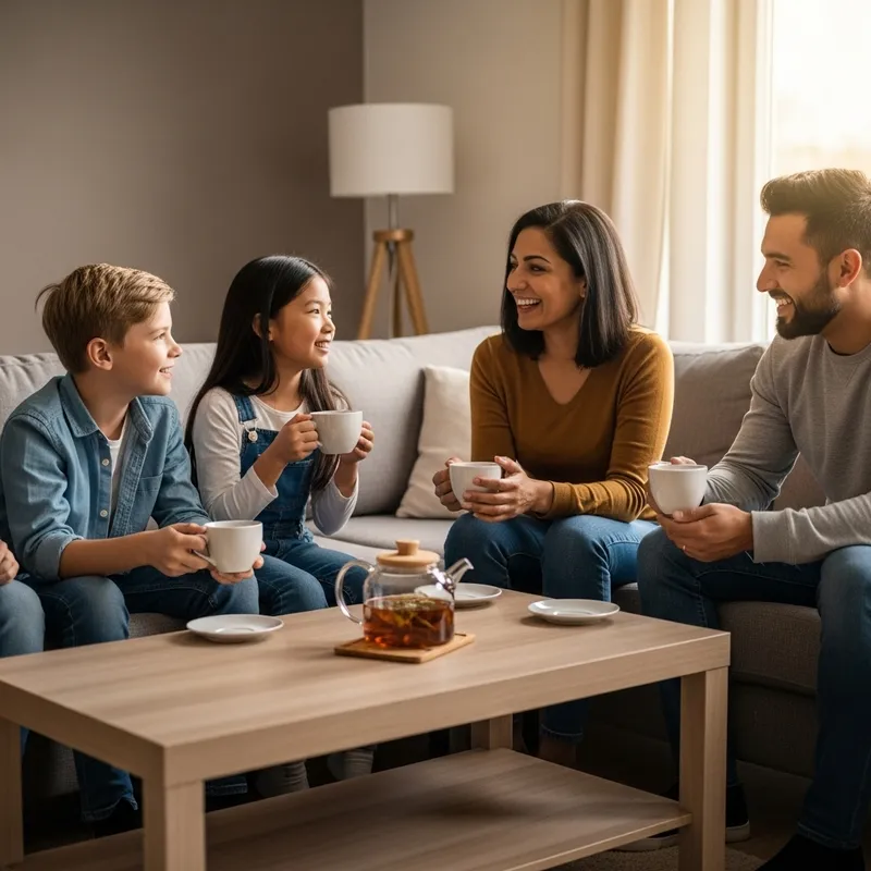Joyful Tea Party with Kids and Adults on Sofa