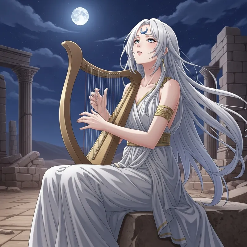 Serenity in Moonlit Ruins: Ethereal Anime Woman Playing Harp Serenity in Moonlit Ruins: Ethereal Anime Woman Playing Harp