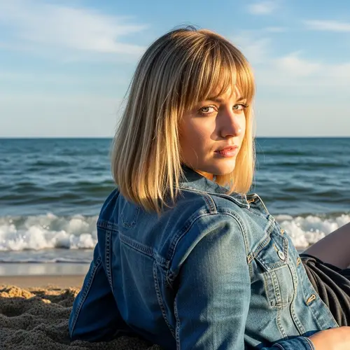 Blonde Woman in Denim Jacket Relaxing on Beach