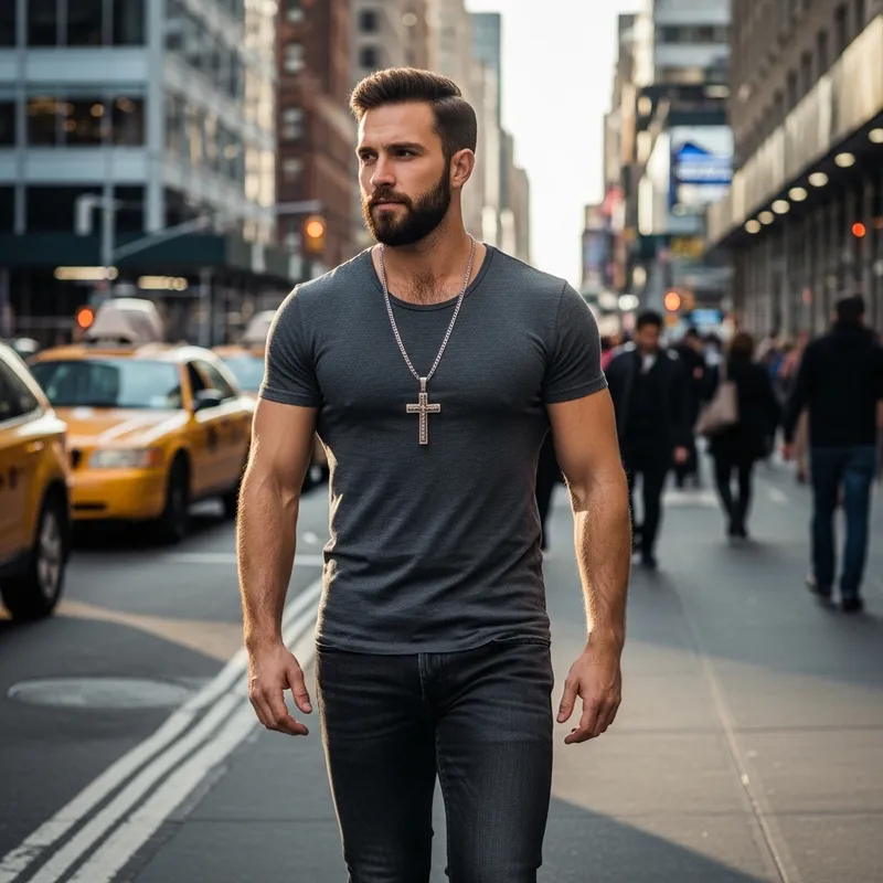 Muscular 24-Year-Old Man with Beard, Hairy Chest, Cross Necklace, Walking in City Muscular 24-Year-Old Man with Beard, Hairy Chest, Cross Necklace, Walking in City