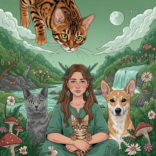 Shamanic and Healing Scene with Bengal and Russian Blue Cats
