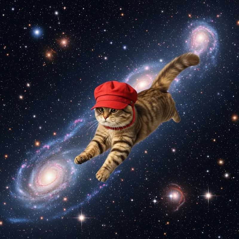 Red Cap Cat Running in Space | Interstellar Feline Fun