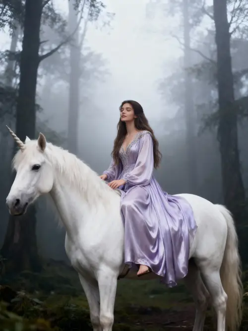 Ethereal Unicorn Ride in a Misty Forest
