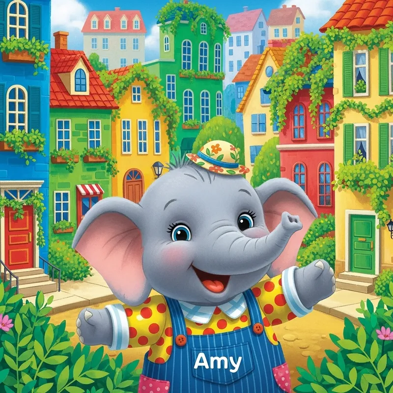 Vibrant Small Town with Happy Baby Elephant - Children's Book Illustration Vibrant Small Town with Happy Baby Elephant - Children's Book Illustration