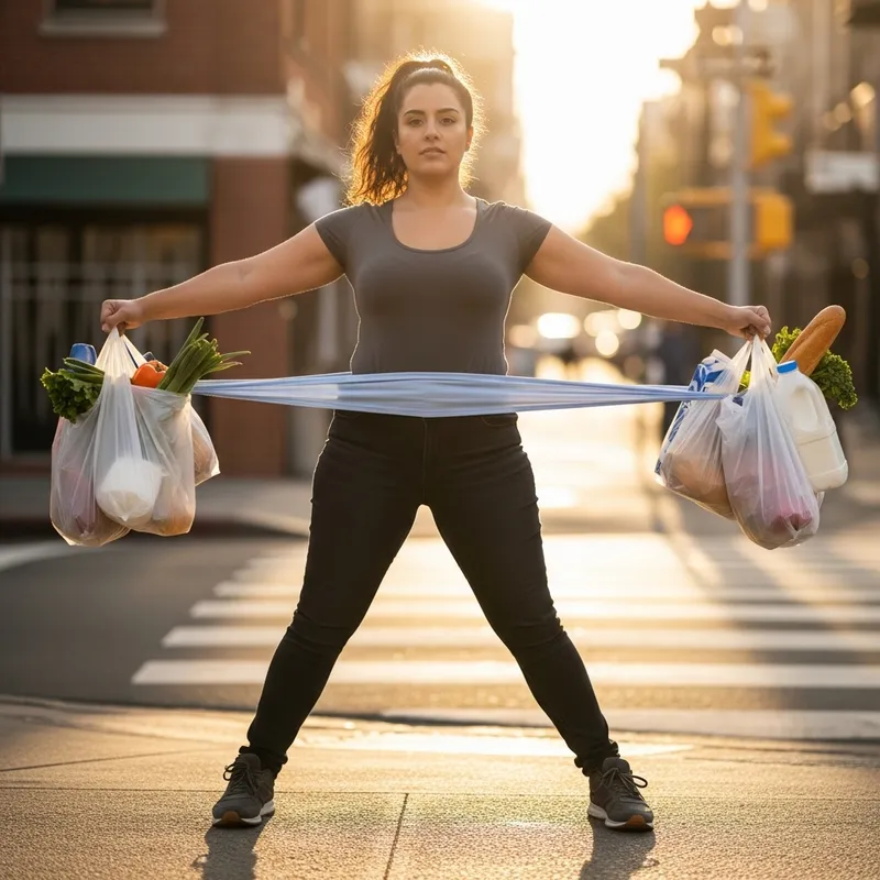 Realistic Heroic Hispanic Woman Carrying Grocery Bags