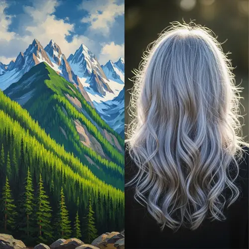 Enchanting Nature: Vibrant Green Mountains & Graceful Grey Hair
