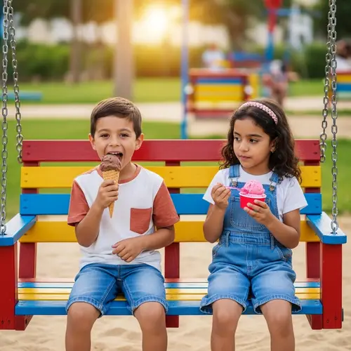 Kids Eating Ice Cream on Swing Set in Colorful Park