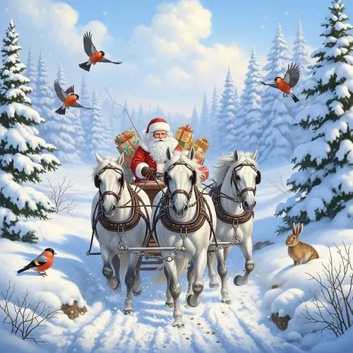 Festive Winter Scene: Santa on Sleigh Pulled by White Horses