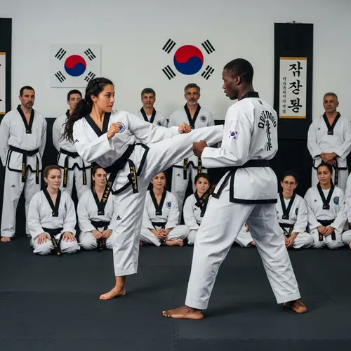 Lively Taekwondo Demonstration in Well-Lit Dojo