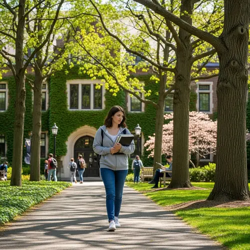 Realistic Female University Student Walking Through Campus Scene