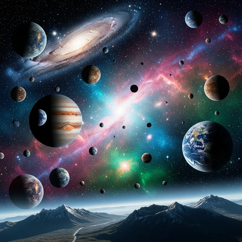 Colorful Cosmic Landscape with Nebula, Planets & Galaxy