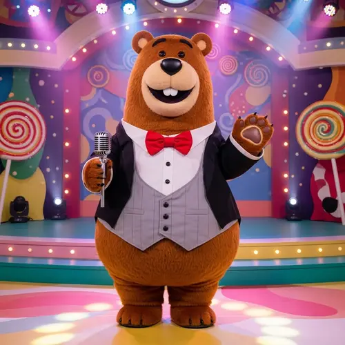 Friendly Bear Character with Microphone | Vibrant Restaurant Stage