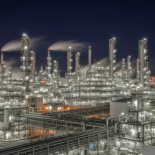 Night View of Chemical Plant: Industrial Complex in Illuminated Splendor