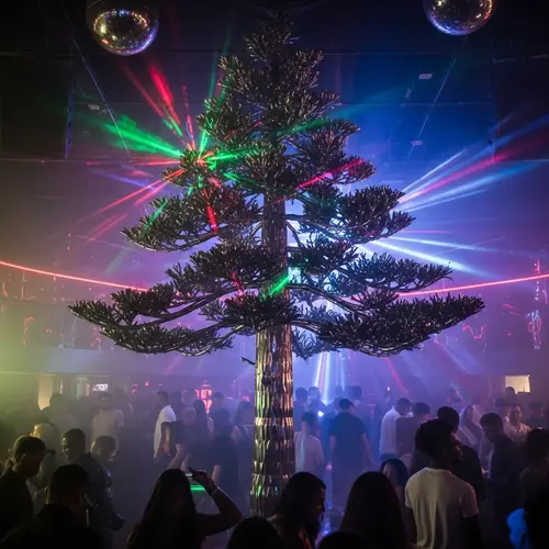 Steel Pine Tree Sculpture in Vibrant Club Setting