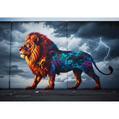 Lion Silhouette Graffiti Art in Colorful Sky | High-Contrast Street Art
