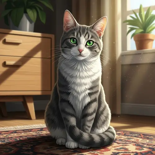 Mesmerizing Gray and White Domestic Cat Illustration on Vintage Rug