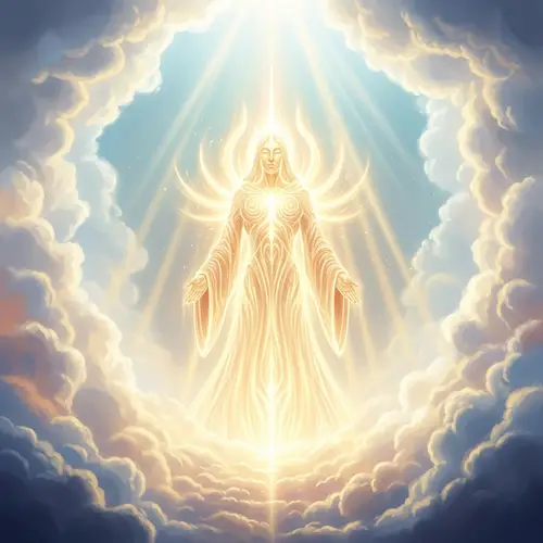 Radiant Divine Entity Against Heavenly Clouds