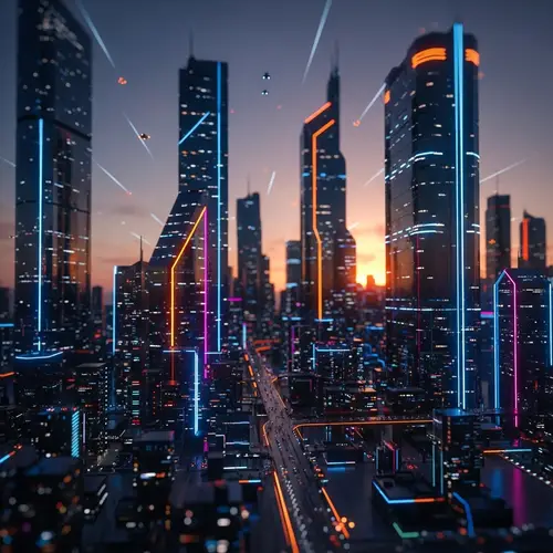 Glowing Cyberpunk Cityscape at Sunset - Tilt Shift Aesthetic