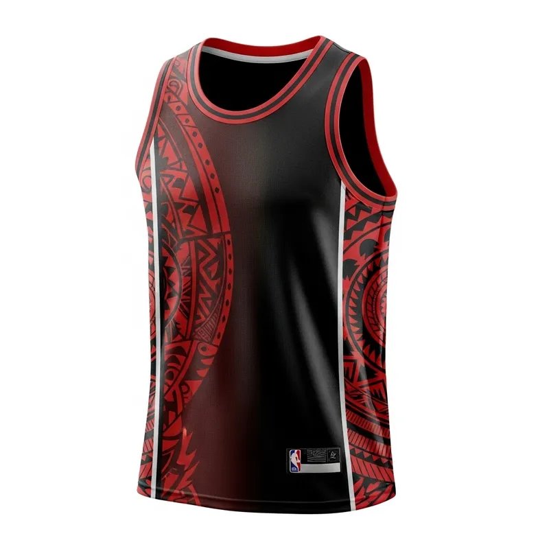 Tribal Black and Red Basketball Jersey with Linear Shapes