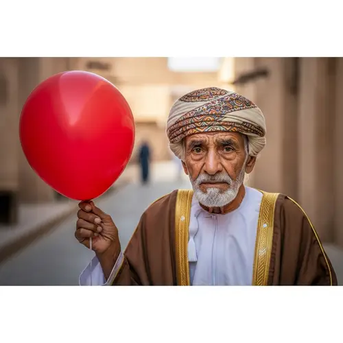 Elderly Omani Man in Traditional Attire with Vibrant Red Balloon