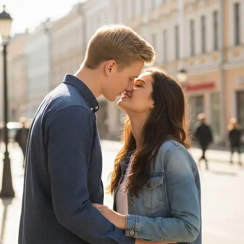 Young Couple Sharing Loving Kiss on Sunny Street | Adoration Moment