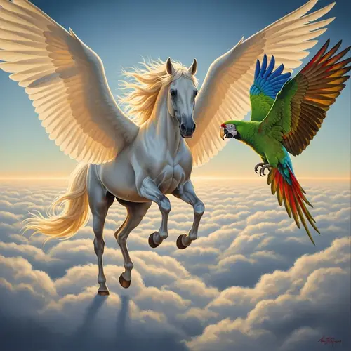 White Horse with Four Wings and Green Parrot Soaring