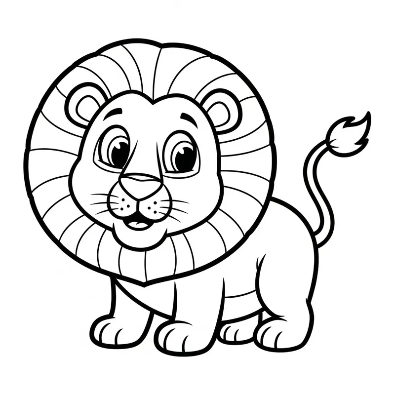Playful Black-and-White Lion Cartoon for Coloring | Children's Book Style
