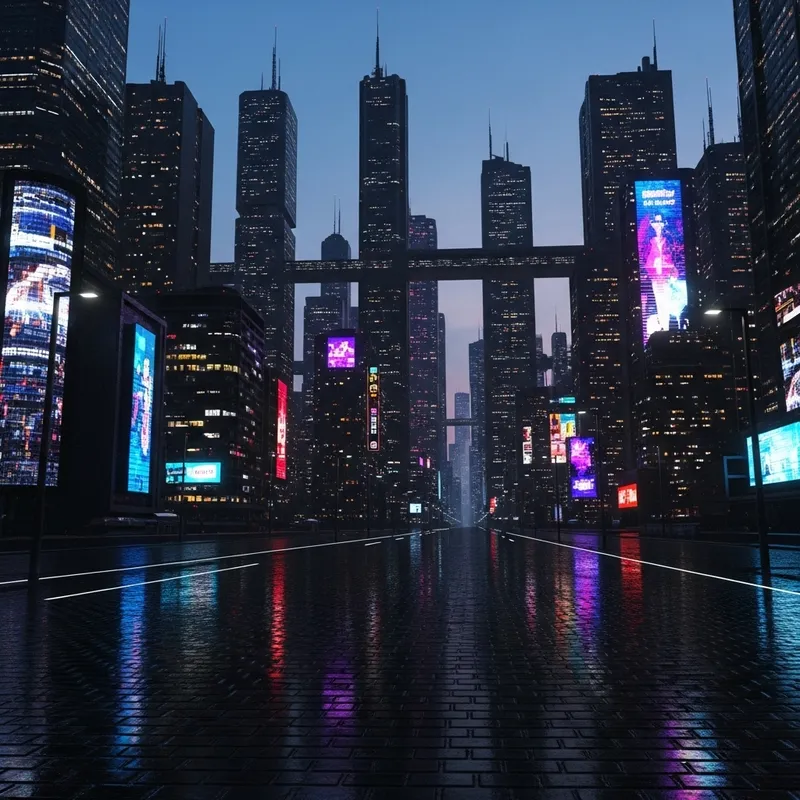 Futuristic Cyberpunk Cityscape - Neon Lights, Skyscrapers, and Twilight Scene