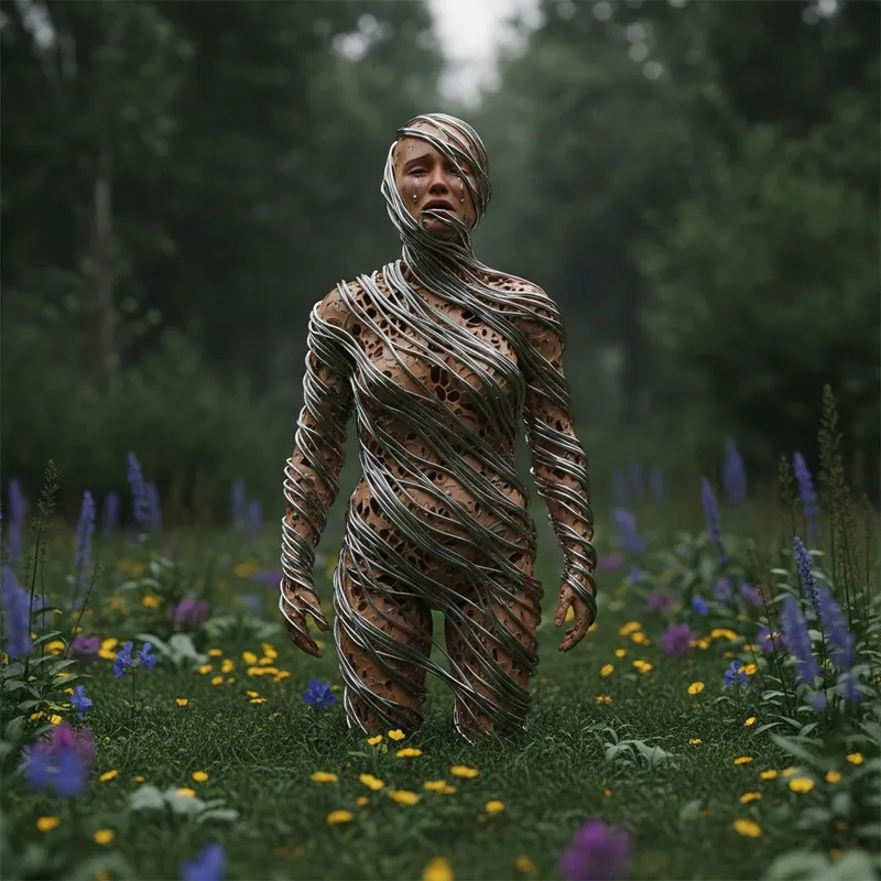 Emotive Humanoid Wrapped in Abstract Material in Nature Emotive Humanoid Wrapped in Abstract Material in Nature