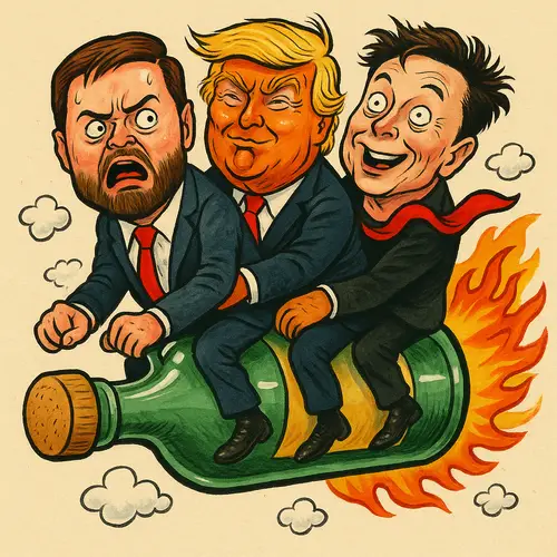 Satirical Bottle Rocket Illustration Featuring Trump, Musk & Vance