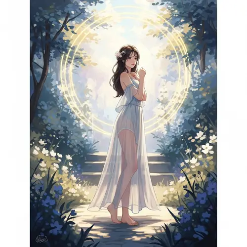 Ethereal Digital Painting of Young Woman in Mesmerizing Garden