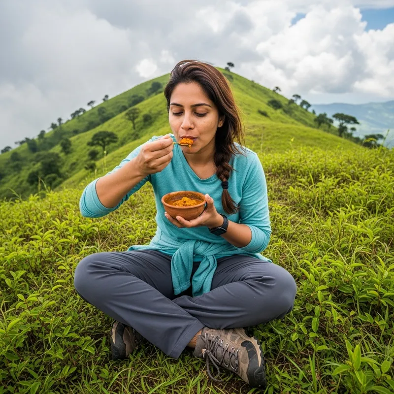 Woman Relishing Chutney Amid Hilltop Views