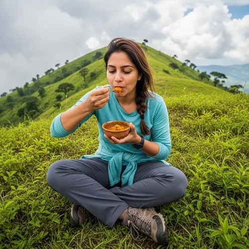 Serene South Asian Woman Enjoying Chutney Atop Verdant Hill