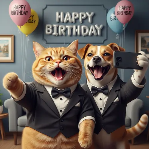 Chubby Ginger British Cat Taking Selfie with Dog | Happy Birthday Balloons