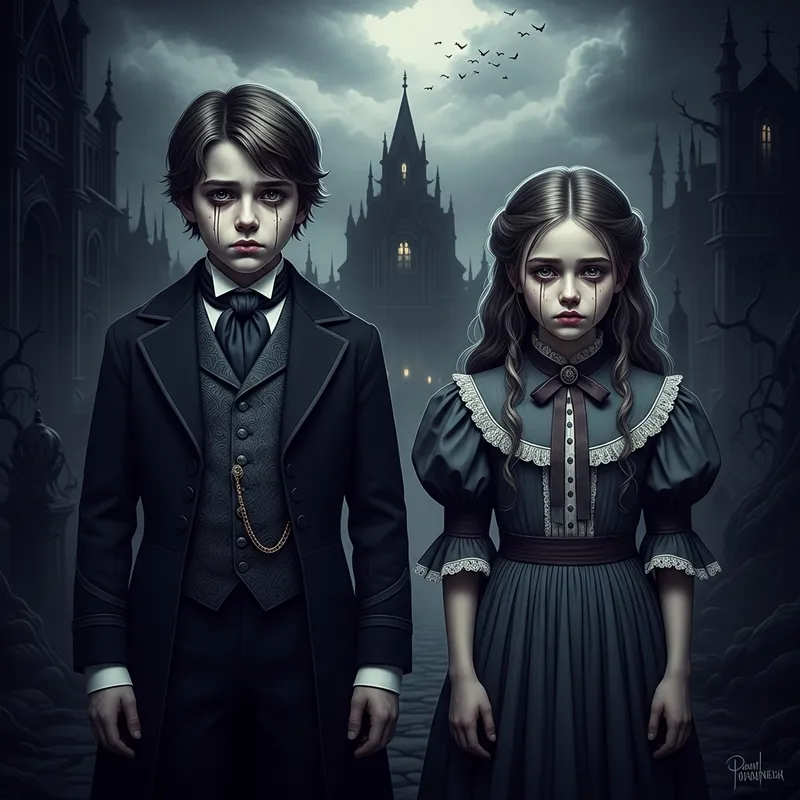 Gothic Style Portrait of Young Boy and Girl - Dark Vampiric Ambiance