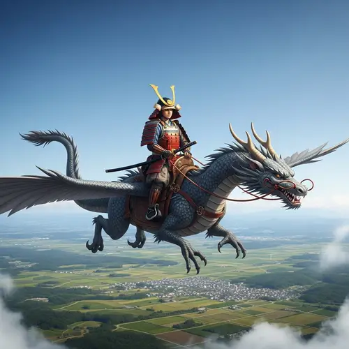 South Asian Female Samurai Riding Dragon | Noble Aura & Majestic Creature