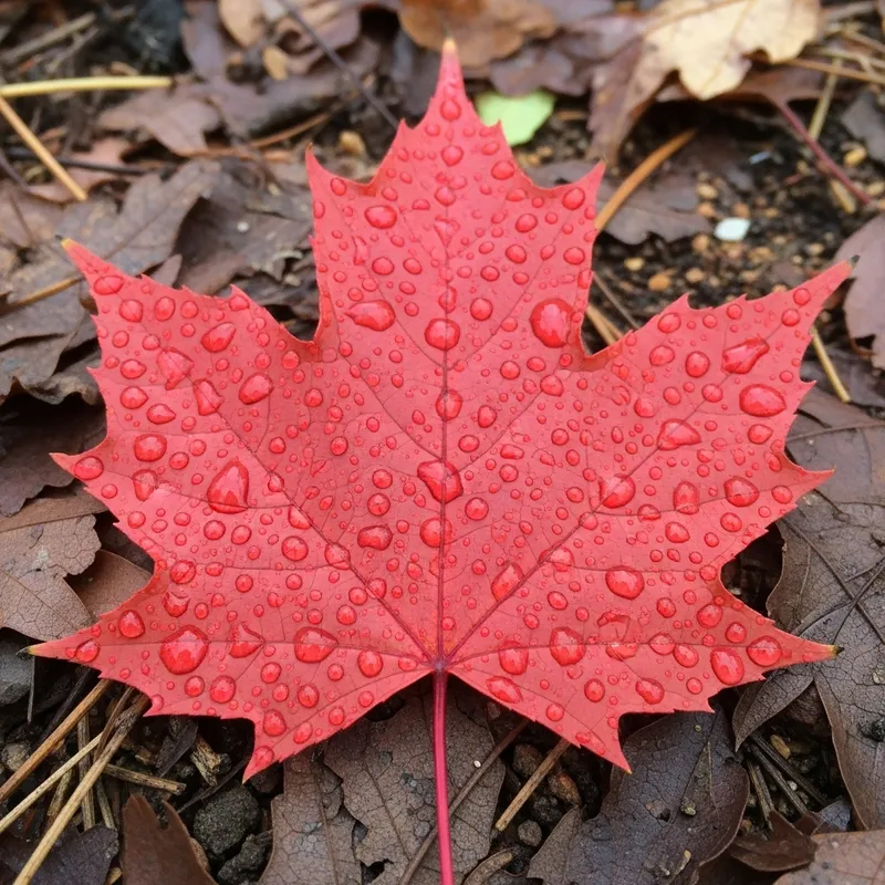 Wet Red Maple Leaf: Autumn Rain's Symmetrical Beauty Wet Red Maple Leaf: Autumn Rain's Symmetrical Beauty