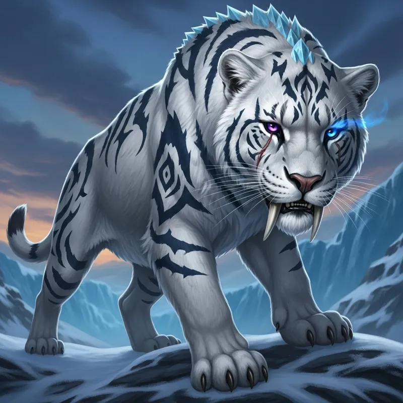 Majestic Smilodon: White Fur with Dark Blue Highlights