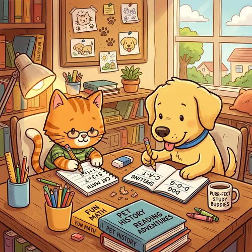 Cat and Dog Doing Homework in Cartoon Style