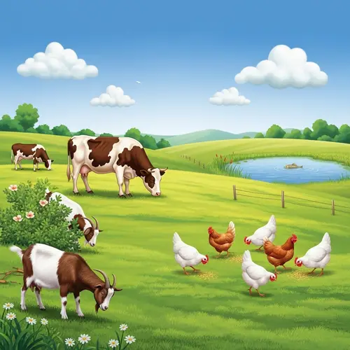 Tranquil Farmland Scene with Cow, Goat, Hens, and Fish
