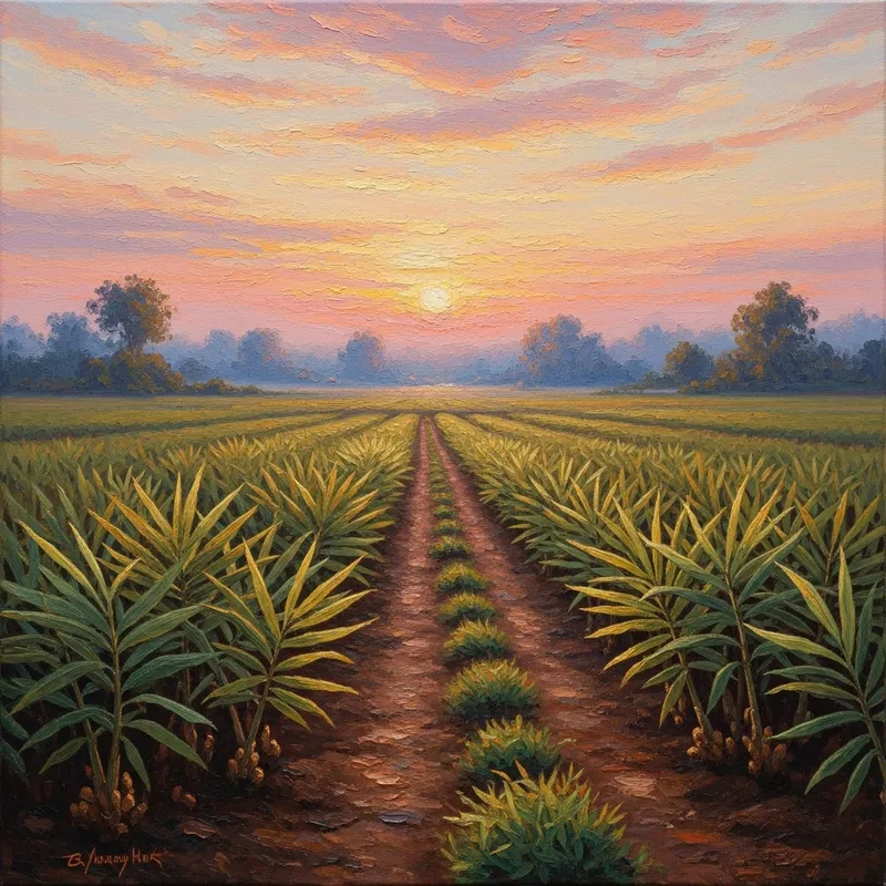 Vibrant Ginger Fields at Sunrise: Impressionist Beauty