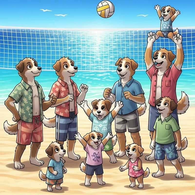 Dog and Puppies Beach Day Fun | Vibrant Volleyball Game Dog and Puppies Beach Day Fun | Vibrant Volleyball Game