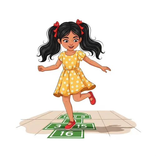 Joyful South Asian Girl Playing Hopscotch on Sunny Sidewalk