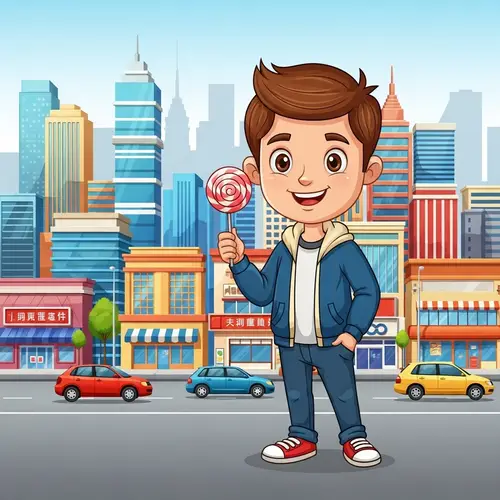Cartoon Boy with Lollipop in Hand | Cityscape Background