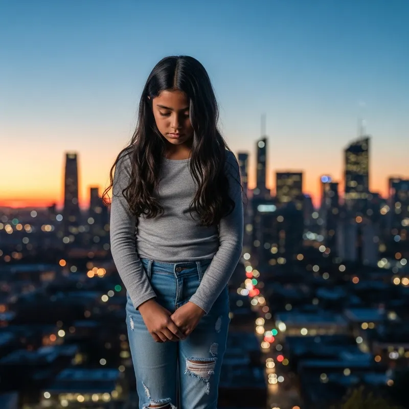 Sad girl standing in cityscape at dusk in torn light blue jeans Sad girl standing in cityscape at dusk in torn light blue jeans