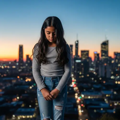 Hispanic girl in sad cityscape at dusk